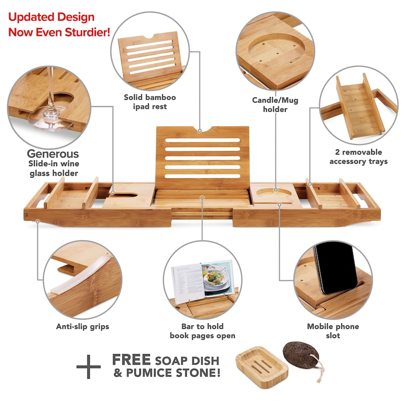 Extendable Bamboo Bath Caddy & Tray | Adjustable Luxury Home Spa Wood