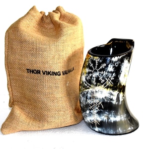 Thor Viking Valhalla Handcrafted Authentic Norse Drinking Horn - 16-20 Oz Genuine Horn Mug with Engraved Ancient Vegvisir Compass Design
