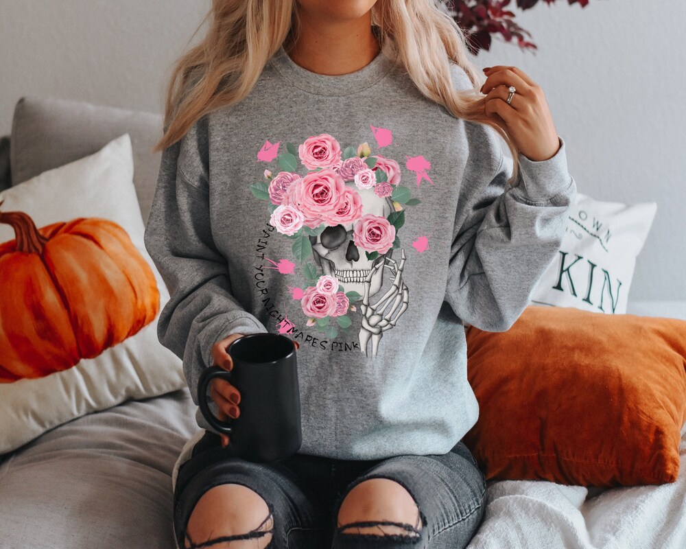 Scull Fall Sweatshirt, Women'S Fall Sweatshirts,Funny Fall Sweatshirt, Spooky Sweatshirt, Cute Halloween Sweatshirt, Flower Fall Sweatshirt Aurateestyle