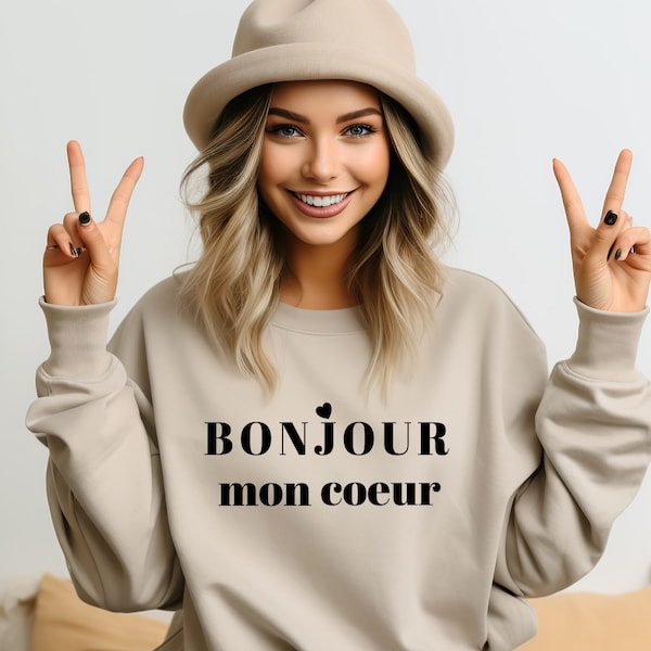 Français Bonjour Sweatshirs, sweat-shirts de style Français, sweat-shirts Heart, sweat-shirts coeur mignons, sweat-shirt de style Paris, t-shirts Français chic