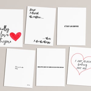 Lot de 6 cartes de voeux amour et café, lot de cartes de voeux, lot de cartes de voeux imprimables 5 x 7, lot de cartes de café, lot de cartes d'amour