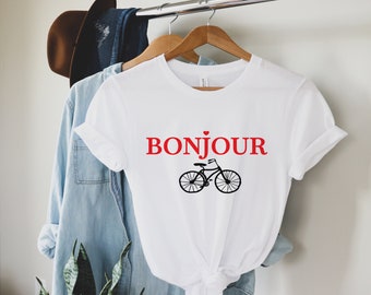 Camiseta de bicicleta francesa, camisetas Bonjour, camisas de estilo francés, camisas para amantes de las bicicletas, camisas de París, camisetas Bonjour, camisas con estilo francés, camisetas Bikers