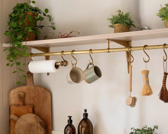 Unlacquered Brass Wall Mounted Pot Rack Rustic , solid brass hanging pot and pan, wall hanging kitchen rack organizer with Hooks