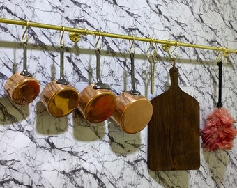 Unlacquered solid brass hanging pot and pan, Wall Mounted Pot Rack , kitchen hanging Rail, brass wall hanging kitchen rack organizer