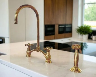 Unlacquered Brass Kitchen Faucet- Antique Style - Sink Faucet - Solid Brass V Bridge Faucet  - Arched Bridge