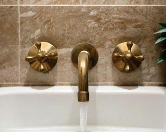 Unlacquered Brass Wall Mount Built In Bathroom - Bathtub Faucet - Vanity Sink Faucet With lever Handles - Powder Room Faucet