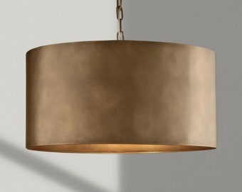 Gold Drum Chandelier, Handmade Luxurious Pendant Lamp Shade, Hanging Lights for Kitchen Islands, Solid Brass Drum ceiling Light Fixture