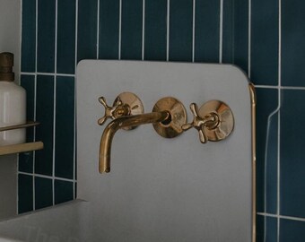 Unlacquered Brass Wall Mount Built In Bathroom - Bathtub Faucet - Vanity Sink Faucet With lever Handles - Powder Room Faucet