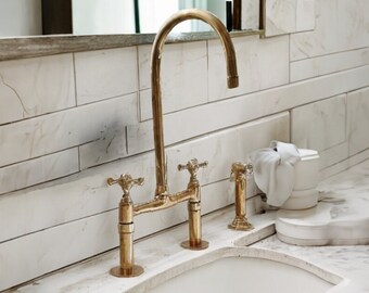 Unlacquered Antique Brass Kitchen Faucet - Solid Brass Bridge Faucet - Vintage Faucet