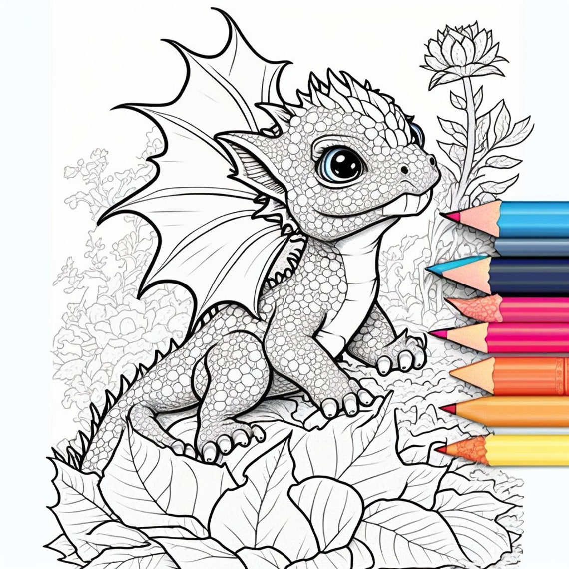 42 Baby Dragon Coloring Page : Adults Kids Instant Download Grayscale ...