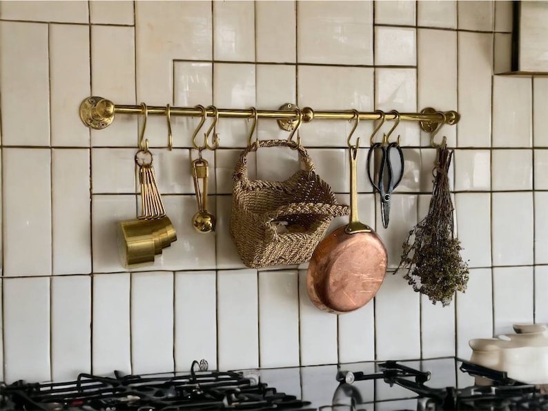 Unlacquered Brass Wall Mounted Pot Rack Rustic , Solid Brass Hanging