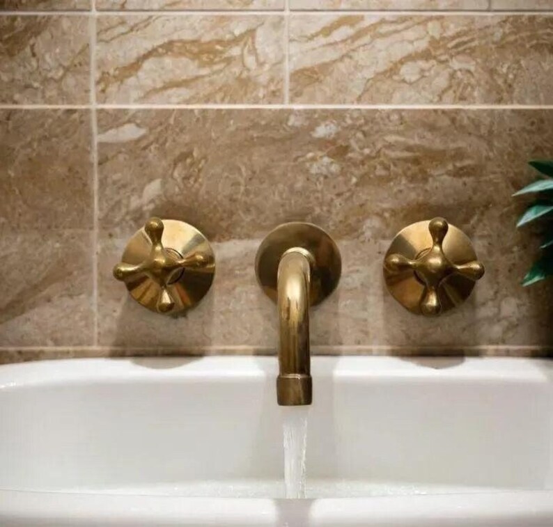 Unlacquered Brass Wall Mount Built in Bathroom Bathtub Faucet Vanity Sink Faucet With Lever ...