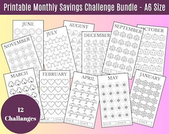Monthly Savings Challenge Trackers for Adult or Kids, Printable A6 Size Mini Savings Tracker, Color & Save, 12 Month Money Savings Challenge
