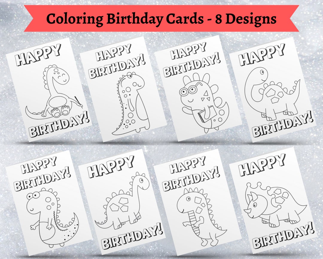 Birthday Coloring Cards 8 Designs PRINTABLE Happy Birthday