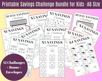 Savings Challenge Bundle for Kids, Printable A6 Size Mini Savings Trackers, Color & Save, Cash Envelopes, Money Savings Challenge, PDF