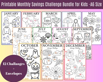 Monthly Savings Challenge Bundle for Kids, Printable A6 Size Mini Savings Trackers, Low Income, Cash Envelopes, Money Savings Challenge