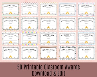 Mega Class Awards, Student Awards, 50 Printable Awards, School Classroom Awards, Student Certificates, Edit and Print, Instant Download, PDF