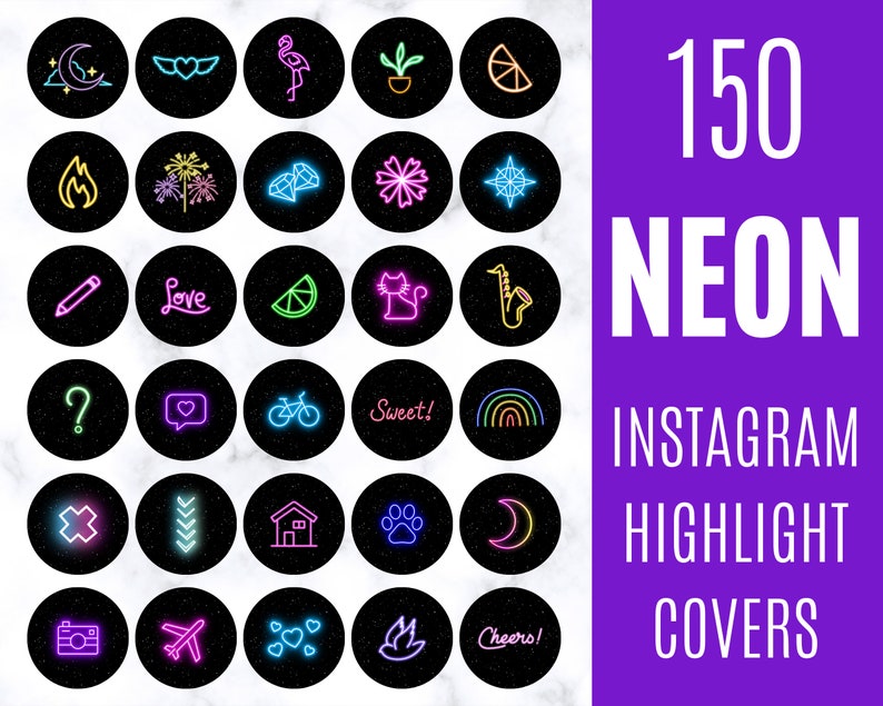 NEON Instagram Highlight Covers, 150 Neon Black IG Stories Icons