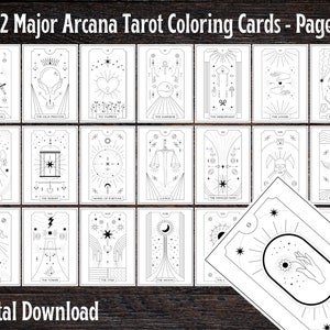 Colora le tue carte dei Tarocchi, 22 Arcani Maggiori stampabili, Pagine da colorare dei Tarocchi, Libro dei Tarocchi minimalista, Disegni stampabili, Download digitale