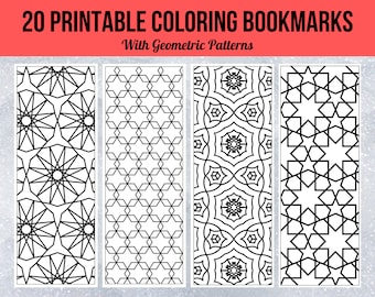 Set of 20 Printable Coloring Bookmarks with Geometric Patterns, Coloring Calming Patterns, Gift for Book Lovers, Marker Templates, PDF