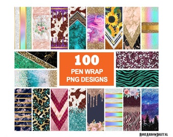 May include: A collection of 100 digital pen wrap designs. The designs feature a variety of patterns, including glitter, marble, animal print, and abstract designs.  The designs are perfect for adding a personal touch to your pens.