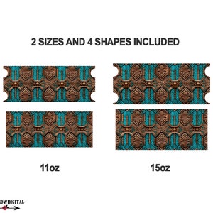 May include: Two sizes of printable labels featuring a geometric pattern in shades of brown and teal. The labels are for 11oz and 15oz containers. The text "2 SIZES AND 4 SHAPES INCLUDED" is at the top of the image.