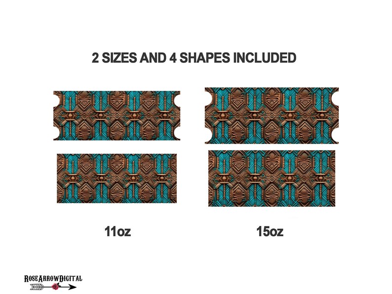 May include: Two sizes of printable labels featuring a geometric pattern in shades of brown and teal. The labels are for 11oz and 15oz containers. The text "2 SIZES AND 4 SHAPES INCLUDED" is at the top of the image.