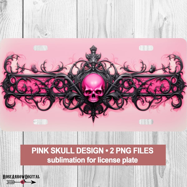 Pink Gothic Skull License Plate PNG | Halloween Car Plates Art Sublimation Digital Design Download