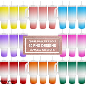 Könnte beinhalten: Ein Set mit 30 Ombre-Becherdesigns für 40oz-Becher. Die Designs sind nahtlos und in verschiedenen Farben erhältlich, darunter Gelb, Lila, Rosa, Rot, Orange und Grün.