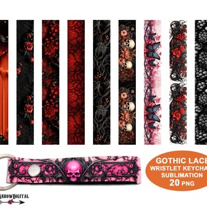Paquete de PNG de pulsera de llavero gótico, diseños de sublimación de cordón de llavero de encaje gótico de Halloween