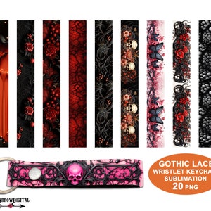 Gothic Keychain Wristlet PNG Bundle, Halloween Goth Lace Key Fob Lanyard Sublimation Designs