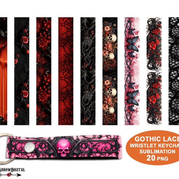 Gothic Keychain Wristlet PNG Bundle, Halloween Goth Lace Schlüsselanhänger Lanyard Sublimation Designs