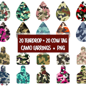 Camo Earring Sublimation Bundle | Military Teardrop Earring Design | Western Cow Tag PNG