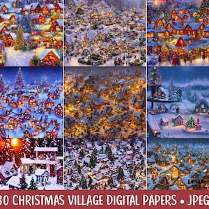 Christmas Digital Papers Bundle, Vintage Winter Village Scene Background