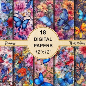 Butterflies and Flowers Digital Papers Bundle | Spring Garden Scrapbooking Designs