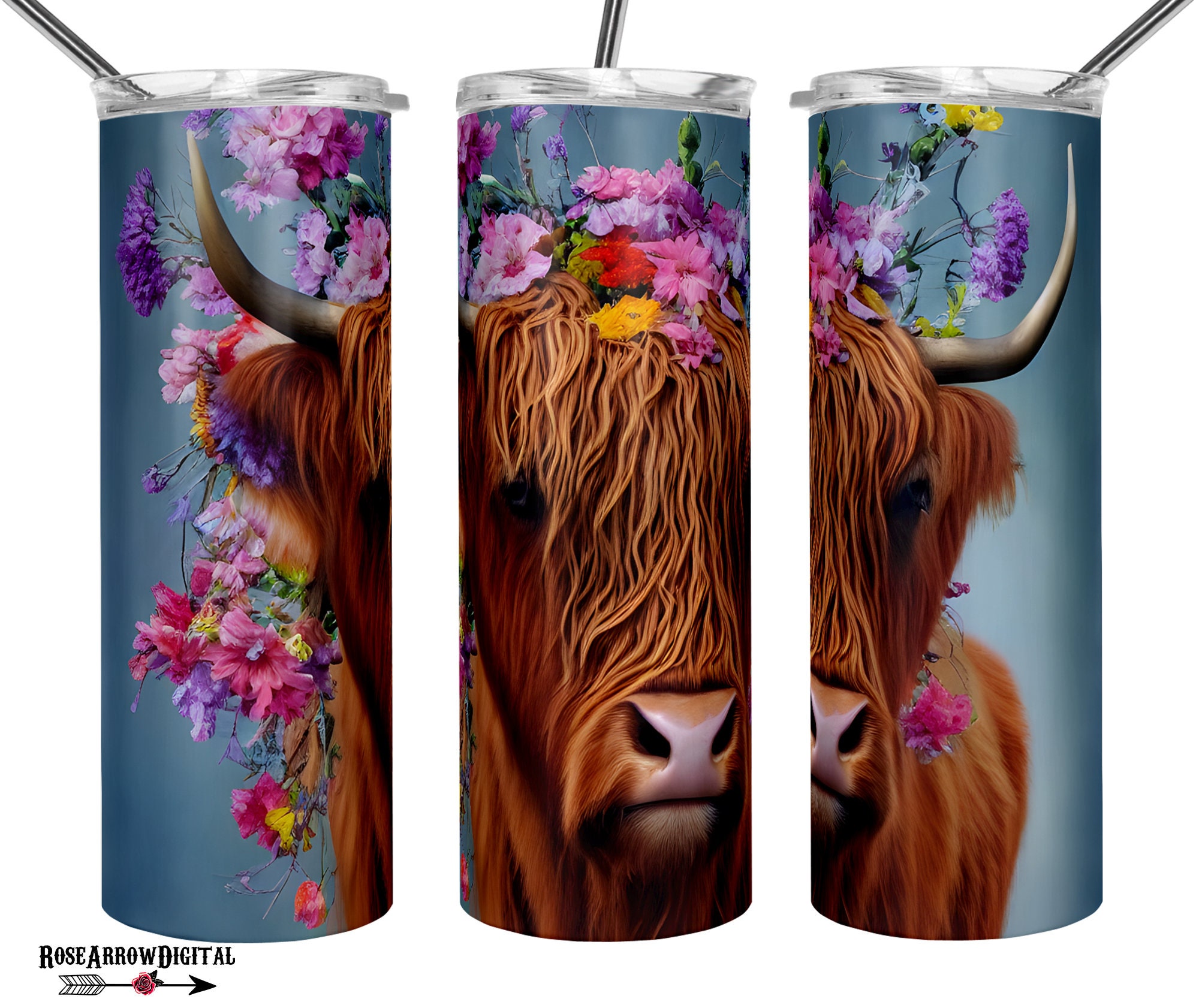 Highland Cow Tumbler Wrap PNG Bundle | Floral Farm Animal Design ...