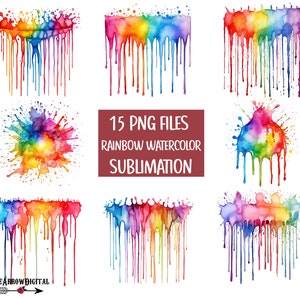 Rainbow Watercolor Drips PNG Bundle | Splash Dripping Sublimation Design Patches | Clipart Set