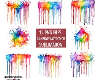 Puede incluir: 15 archivos PNG de diseños de salpicaduras y goteo de acuarela arcoíris para sublimación. Los diseños son de varias formas y tamaños, con un esquema de color arcoíris.