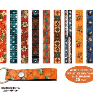 Western Keychain Wristlet PNG Bundle, 3D Tooled Leather Boho Aztec Key Fob Lanyard Sublimation Designs