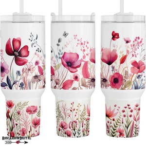 Rosa Wilder Mohn Blumen 40 oz Quencher Becher Wrap PNG | Mohnblumen Aquarell Blumen Sublimation für Stanley Cup | Digitales Design Download