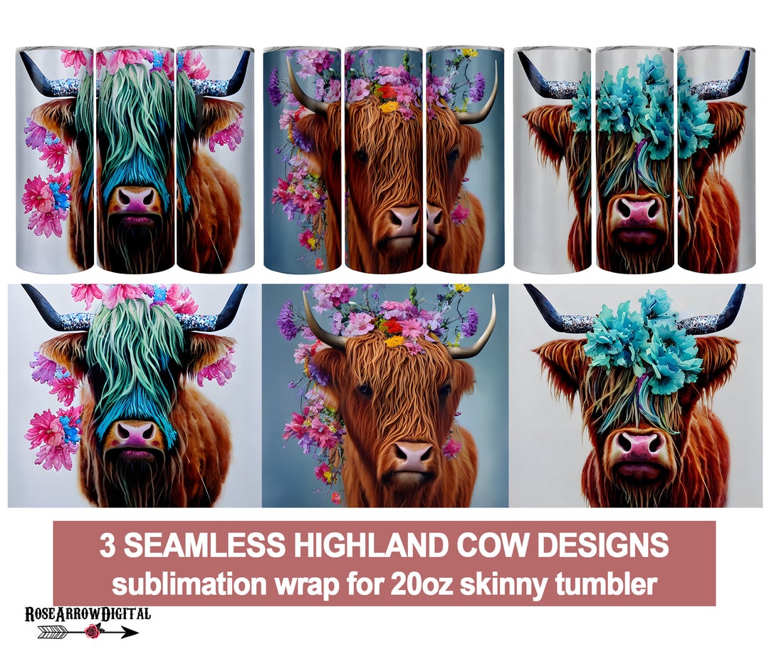 Highland Cow Tumbler Wrap PNG Bundle | Floral Farm Animal Design ...
