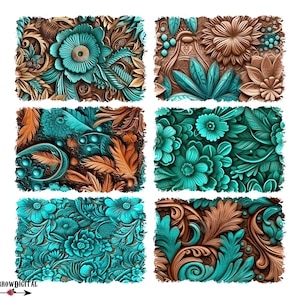 May include: Six digital paper designs featuring intricate floral patterns in shades of teal and brown. The designs are arranged in a grid pattern.
