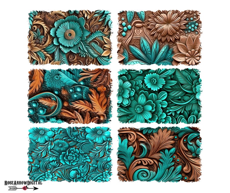 May include: Six digital paper designs featuring intricate floral patterns in shades of teal and brown. The designs are arranged in a grid pattern.