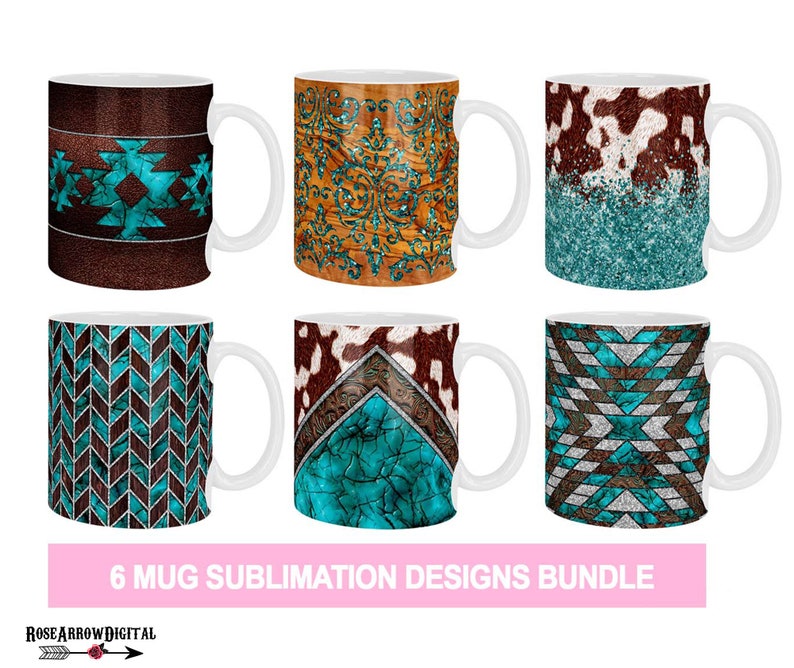 Puede incluir: Conjunto de seis dise&ntilde;os de sublimaci&oacute;n para tazas con patrones geom&eacute;tricos turquesa, marr&oacute;n y blanco. Los dise&ntilde;os incluyen patrones de chevron, suroeste y piel de vaca.