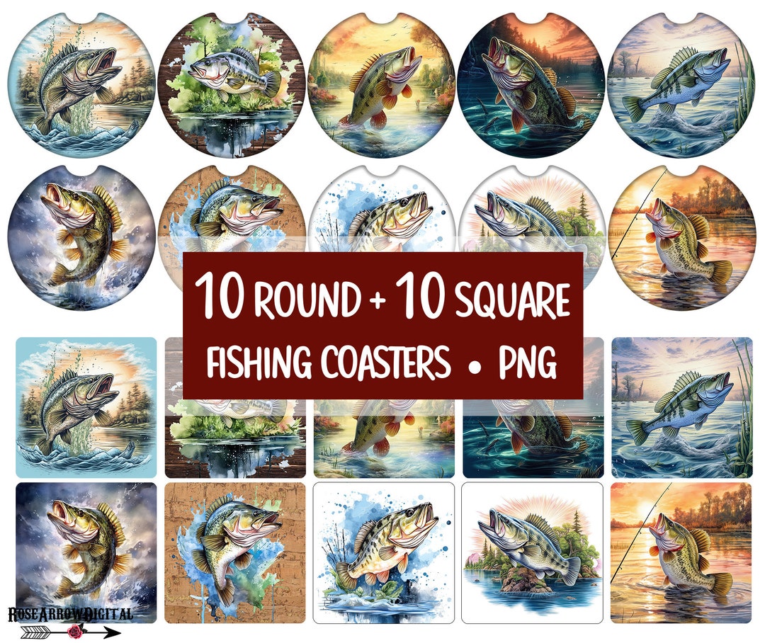 Fishing Car Coaster PNG Sublimation Bundle | Fish Bass Drink Coaster ...