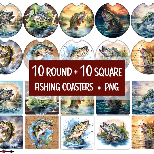 Fishing Car Coaster PNG Sublimation Bundle | Fish Bass Drink Coaster | Fishermen Round & Square Designs