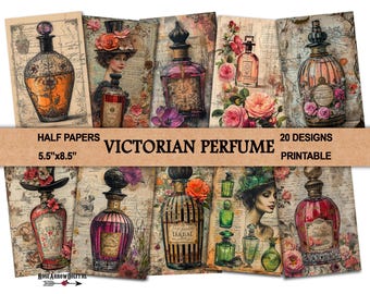 Shabby Victorian Perfume Bottles Junk Journal Printable Half Pages | Shabby Scrapbooking Ephemera Digital Papers