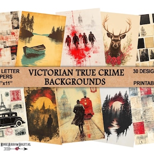 Victorian True Crime Journal Pages | Printable Backgrounds | 30 Digital Papers | 8.5x11&quot; Vintage Murder Mystery Aesthetic Scrapbook Kit
