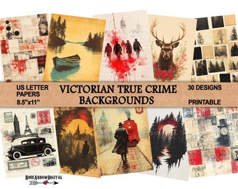 May include: A set of 30 printable digital papers featuring Victorian true crime backgrounds. The papers are 8.5 inches by 11 inches and include images of a forest, a train, a deer, a boat, and a city street.