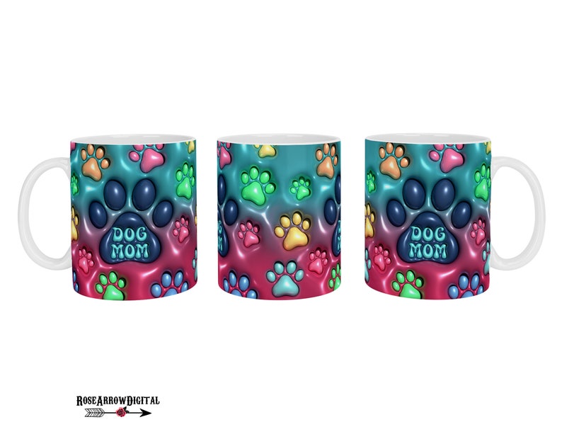 May include: A white ceramic mug with a colorful design of paw prints and the text "Dog Mom". The paw prints are in shades of blue, green, yellow, orange, and pink.